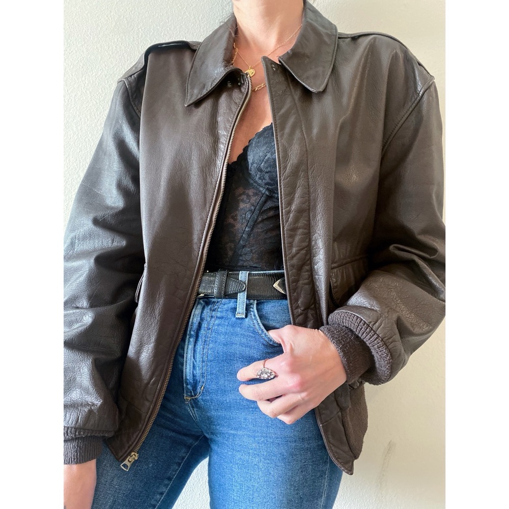 Brown vintage leather cooper bomber jacket - large